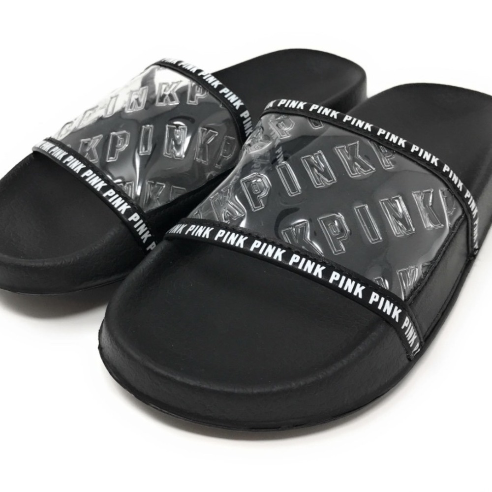 Victorias Secret PINK Black Clear Logo Strap Slides Sandals Women's Size 10-10.5
